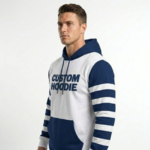 Sudadera con Capucha Personalizada para Hombre, Blanca con Rayas Azul Marino en las Mangas, Tejido Casual de 370g, Diseño con Bolsillo y Estampado Frontal, Corte Regular, para Otoño - Product Image 4