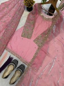 Pink Embroidered Traditional <b>Indian</b> Pakistani Dress Set With Dupatta And Matching <b>Shoes</b> For Wedding Occasion - Product Image 3