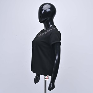 Camiseta de alta calidad para mujer, bordada, de manga corta, cuello redondo, 95% algodón y 5% spandex, de color sólido, tejido de punto, informal, para verano. - Product Image 4