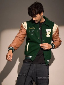 MERITORIOUS INTERNATIONAL Green Solid Varsity <b>Jacket</b> <b>Men</b> Preppy Style <b>Letter</b> F Front Logo Winter Regular Fit Stand Collar Heated - Product Image 4
