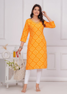 Women Yellow Printed <b>Kurti</b> Ethnic Casual Wear <b>Kurti</b>, Embroidery Work <b>Kurti</b> , Trendy <b>Kurti</b> , New Kurta - Product Image 6