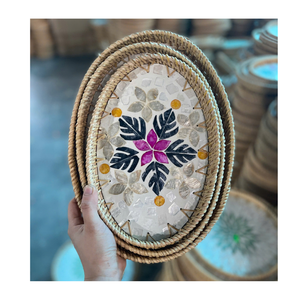 Mother of Pearl Rattan Decorative Serving <b>Platter</b> for Drinks and Snacks - Product Image 1