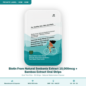 OEM ผลิตภัณฑ์เสริมอาหารไบโอติน 10000mcg แบบแผ่นฟิล์มบางสำหรับรับประทาน สารสกัดจากเซสบานีอาและไม้ไผ่ สำหรับผู้ใหญ่  วีแกน บำรุงผม ผิว เล็บ 30 แผ่น - Product Image 5