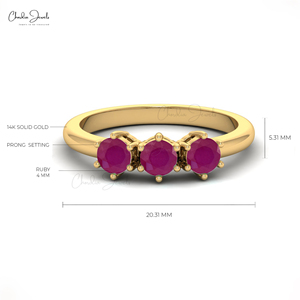 Anillo de compromiso y boda de oro amarillo macizo de 14k con 3 rubíes naturales de corte redondo de 4mm, producto de moda, regalo para mujer - Product Image 2