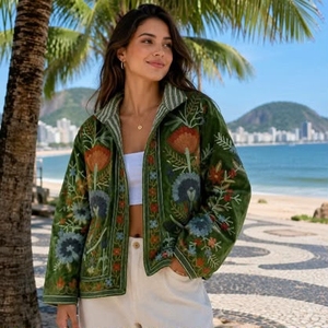 Chaqueta de Algodón Tejido Acolchado con Lentejuelas y Bordado Floral, Ecológica, Cierre de Cremallera Doble, Cuello Alto, Secado Rápido - Product Image 2