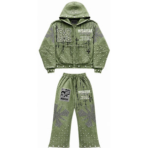 Ensemble de survêtement décontracté d'hiver 100% coton avec fermeture éclair, motif géométrique, strass, 450 GSM - Product Image 4