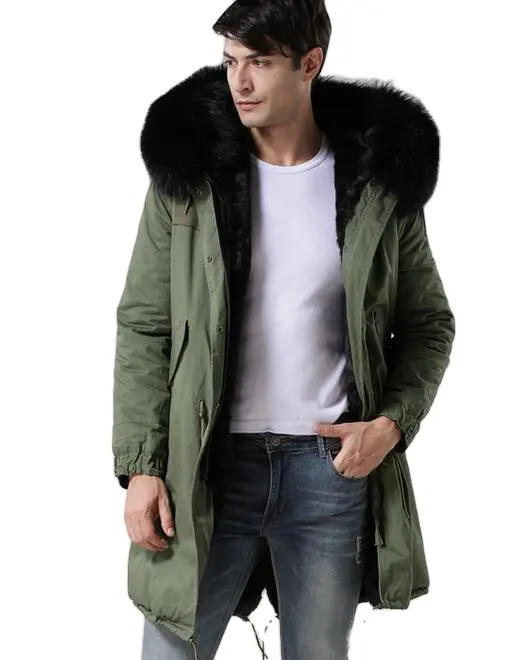 Wholesale Winter Men snow coats green parka with fur hood fur lining green long parkas fur Coat