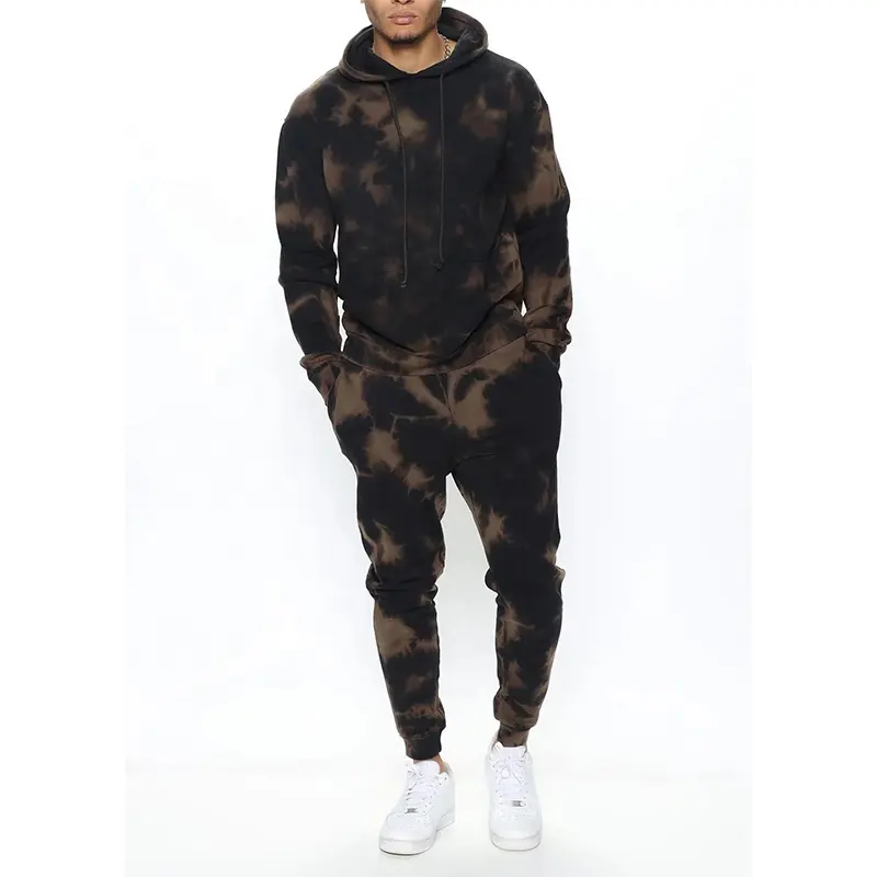 Fashion Custom Logo Bleached Hoodie Jogging Casual Sports Matching Set Black Hoodies Set For Men