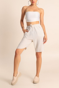 Shorts Bermuda à Rayures Verticales Taille Haute pour Femmes - Shorts Décontractés en Coton et Lin Respirant avec Cordon de Serrage et Poches - Product Image 5