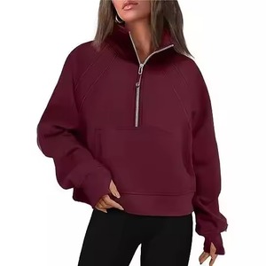 Wine <b>Red</b> Half Zip Pullover Hoodie <b>Women</b> Standing Collar <b>Sweatshirt</b> with Pockets Regular Fit for Spring Autumn - Product Image 5