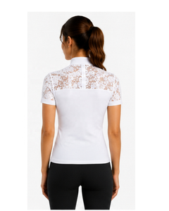 Custom OEM Women Lace Patchwork <b>Equestrian</b> Show Shirt White Short Sleeve Stand Collar Horse Riding Polo Competition Tops - Product Image 2