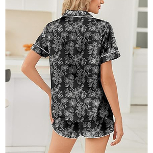 Conjunto de pijamas de satén de manga corta para mujer, ropa de dormir con botones y estampado floral, ropa de dormir informal de verano, conjunto de 2 piezas - Product Image 3