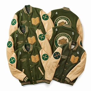 Veste universitaire personnalisée OEM en laine avec manches en cuir, broderie Cloister Guild Arcade, patch Archivolt, manteau bleu ardoise - Product Image 3