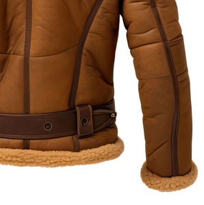 <b>Men's</b> Genuine <b>Leather</b> Bomber <b>Jacket</b> With Faux Fur Lining Windproof Winter Aviator Coat Moto Biker Style Regular Fit - Product Image 5