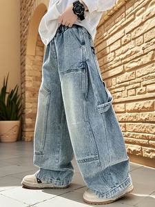 กางเกงยีนส์เอวสม็อคแบบสวมใส่สบายสำหรับผู้หญิง พร้อมเชือกผูก - Product Image 5