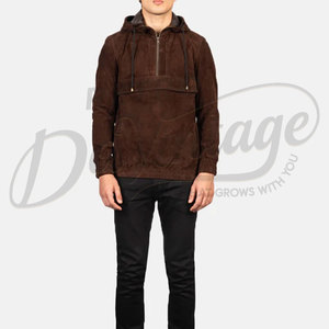 Veste Anorak à Capuche Homme en Daim Marron Chocolat, Coupe Slim, Décontractée, Demi-Zip, en Daim Véritable Doux, Tendance - Product Image 4