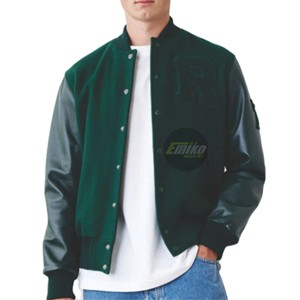 Chaqueta Varsity Verde para Hombre con Mangas de PU, Apliques de Letras, Cuello y Puños de Punto Acanalado, Estilo Preppy, Chaqueta Varsity Personalizada - Product Image 1