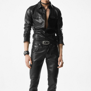 OEM SHINY NAPPA PLONGE WESTERN LEATHER SHIRT Solid Front Eco-Friendly Breathable Summer Fashion for Men - Product Image 2