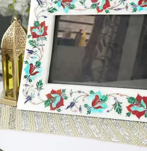Stone Era Handcrafted <b>White</b> Marble Photo <b>Frame</b> Colorful Floral Inlay Art for Lightweight Decorative Tabletop Home Gift - Product Image 5