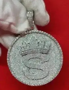 Colgante de Corona con Letra Personalizada de Moissanita Auténtica, Medallón Redondo, Estilo Rapper, Joyería de Lujo, Plata de Ley 925, Colgante Personalizado - Product Image 5