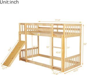 Natural Finish Twin Floor Bunk Bed with Climbing Ramp Wood <b>Playhouse</b> Guardrails-for Kids Boys & Girls Teens - Product Image 2