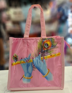 Premium Divine Lord Krishna Flute and Peacock Feather Printed Satin Tote Bag Eco Friendly Reusable Carry Bag for Women and Girls - Product Image 2