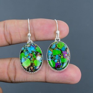 Boucles d'oreilles artisanales en turquoise verte, argent sterling 925, cuivre, pierres précieuses, bijoux uniques, élégants et tendance - Product Image 6