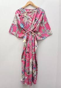 Robe Kaftan Indienne Mi-Longue Florale Légère en Coton Rose Motif Singe, Style Bohème Vintage, pour Plage ou Nuit, Idéale pour l'Été - Product Image 5