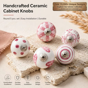 Boutons de meuble en céramique à motifs rose et blanc, 5 pièces. Ensembles de poignées de commodes pour cuisine et salle de bain, style moderne, installation facile - Product Image 1