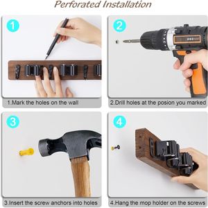 Portascope e Portaoggetti da Parete in Legno Marrone Rustico a 4 Scomparti con 4 Ganci, Organizzatore per Attrezzi da Giardino, Armadio, Garage, Lavanderia, Cucina - Product Image 3