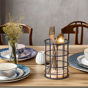 Organisateur de couverts rond en fer avec base en bois-Panier de rangement de comptoir avec drainage pour baguettes, fourchettes et cuillères - Product Image 3