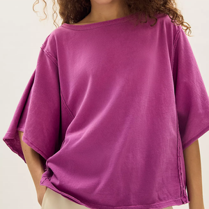 T-shirt ample à manches chauve-souris pour femme, couleur unie, col rond, coupe ample, tricoté, grande taille, haut décontracté pour femme, vêtement d'été, respectueux de l'environnement - Product Image 1