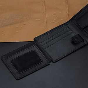Portefeuille homme en cuir noir avec fermeture à boucle, fenêtre d'identification en maille, porte-monnaie à bouton, porte-cartes, petit format multi-plis, luxe, compact, pour affaires - Product Image 4