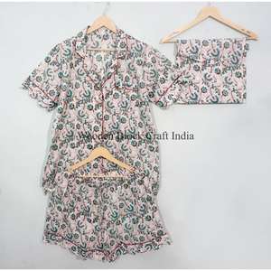 Conjunto de Pijama para Mujer, Hecho a Mano, Elegante, Transpirable, con Estampado Digital, Manga Corta, 100% Algodón Puro, Estampado Floral, Verano-Otoño, Venta al Por Mayor - Product Image 5