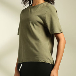 Women's Olive Green Short Sleeve Crew Neck crop Casual Solid Color Knitted 100% Cotton Regular Fit All Seasons - Product Image 2