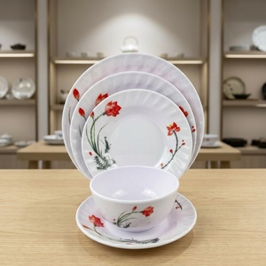 Pigmented <b>Melamine</b> Dinnerware Set with Red Floral Design Asian Zen Style Dishwasher Safe Deep Plates <b>Bowl</b> Party - Product Image 5