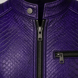 Purple Crocodile Embossed Leather Moto Jacket <b>Men</b> Slim Fit Stand Collar Zipper Closure Regular Sleeve Autumn Style - Product Image 3