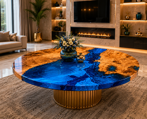 Mesa de Centro Redonda de Madera Maciza y Resina Epoxi Azul, Diseño Moderno y Ecológico, para Uso en Diwali, Fabricante - Product Image 3