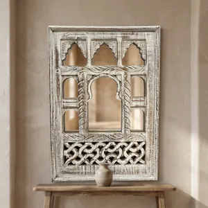 Miroir mural en bois vintage, finition blanche vieillie, miroir rectangulaire décoratif à suspendre pour salon, entrée - Product Image 5
