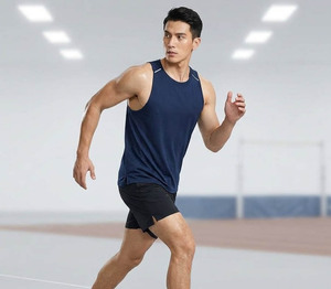 Men's <b>Navy</b> Blue Sleeveless Tank <b>Top</b> O-Neck Quick Dry Sporty Activewear Knitted 100% Polyester Solid Color Front Logo - Product Image 3