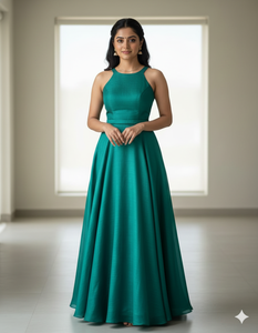 Elegant <b>Emerald</b> Green Floor-Length Women's <b>Dress</b> For Wedding Occasion Regular Fit Pure Tassar Silk Material India Pakistan Style - Product Image 1