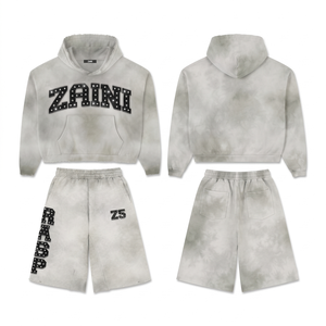 Conjunto de Sudadera con Capucha y Pantalones Cortos de Forro Polar de Algodón Transpirable Premium de 340 GSM, Color Gris Lavado con Apliques en Relieve y Logotipo Personalizado - Product Image 1