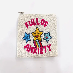 Beaded <b>Coin</b> <b>Purse</b> Mini Zipper Closure Handmade Embroidered Cartoon Style Full Of Anxiety Design Unisex - Product Image 1