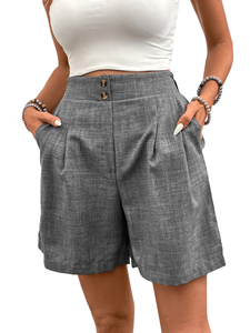 Shorts en lin beige taille haute plissés à l'avant avec fermeture boutonnée, style décontracté d'été pour homme, légers et respirants - Product Image 3