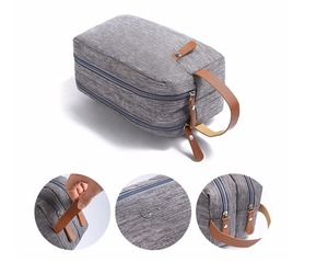 Trousse de Toilette Imperméable en Toile et Cuir à Double Fermeture Éclair avec Logo Personnalisé, Trousse de Voyage pour Rasage, Pochette Cosmétique LCTB-0038 - Product Image 3