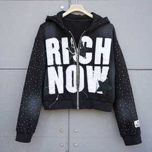 Sweat à capuche zippé pour homme, coupe ample, 500 GSM, épais, effet vieilli, délavé au soleil, délavé à l'acide, avec broderie et appliqué de patchs personnalisés, et strass - Product Image 1