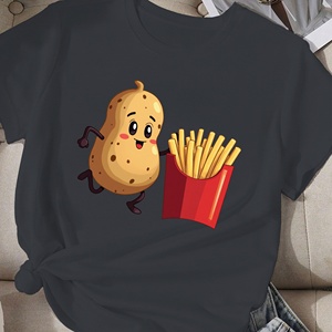 Camiseta cómoda informal para mujer con estampado de dibujos animados Running Potato and Fries hecha de tejido de punto de poliéster - Product Image 1