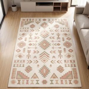 Tapis Kilim Élégant en Laine Tissée à la Main, Couleur Crème Rose Pastel, Style Tribal Sud-Ouest, Couleur Unie, Antidérapant, en Toile de Coton - Product Image 5