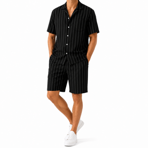 Custom <b>Linen</b> Blend Resort <b>Shirt</b> and Shorts Set 150 GSM Striped Turn-down Collar Breathable Casual Men Vacation Two Piece OEM - Product Image 2