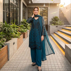 New Designer Heavy Faux Georgette Embroidery Work Women's Party Reversible 3-Piece Suit Set - Product Image 1